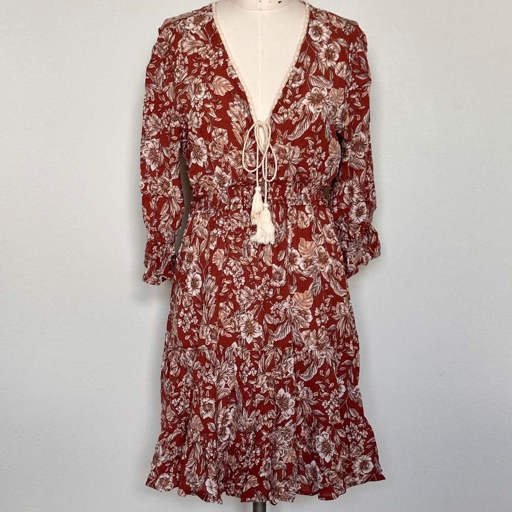 Wild Moss Rust Orange‎ Floral Boho Mini Dress Smocked Waist Tassel Tie Small Y2K